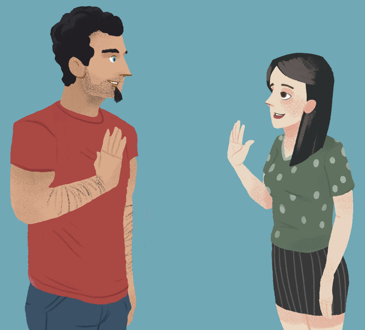 Young Croatian woman in green poka-dot shirt and striped skirt waving at a young Croatian man in red shirt in front of a teal background