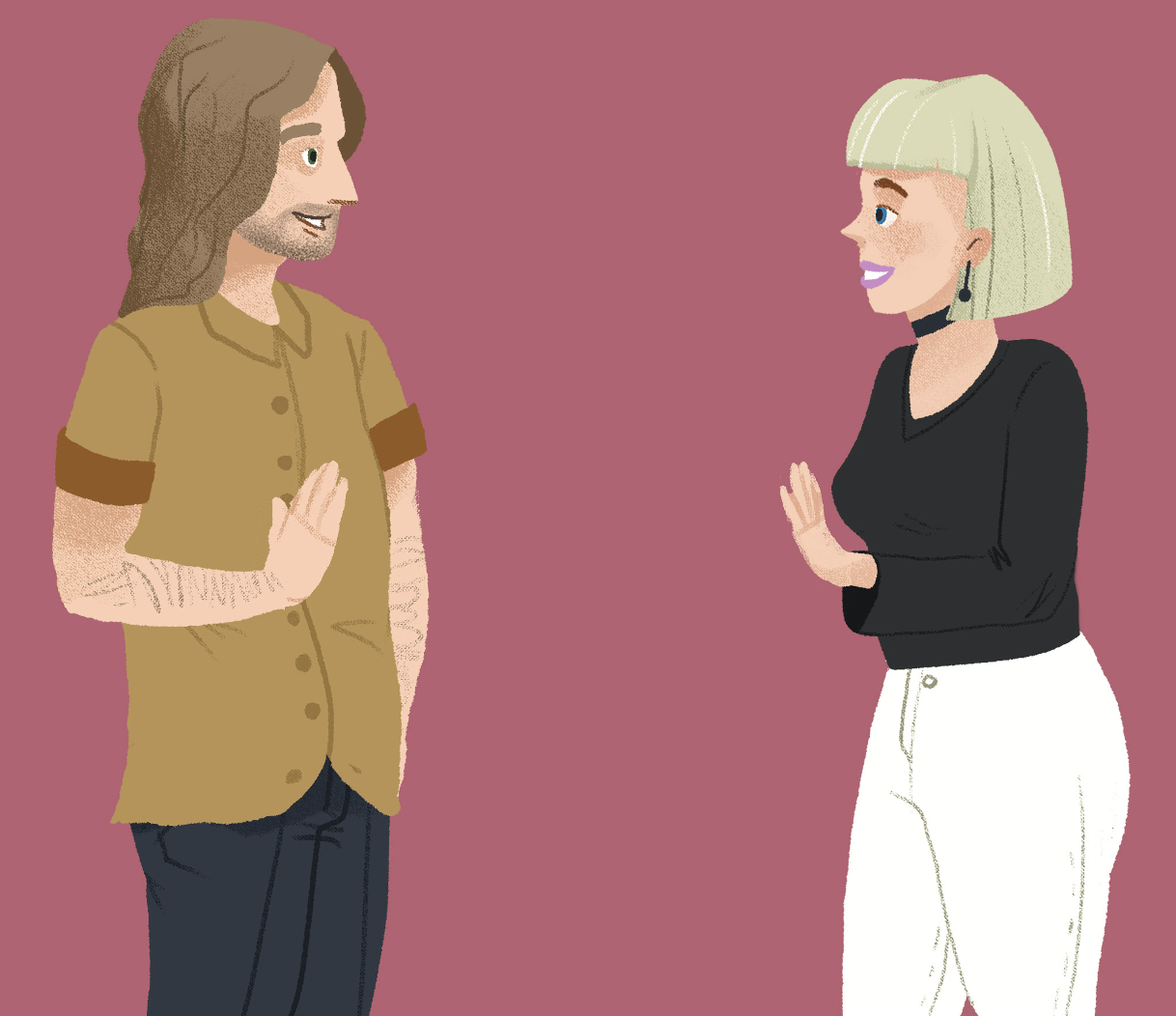 Young Croatian woman in black shirt and white long pants waving at a young long haired Croatian man in brown button-down shirt and black slacks in front of a alt-rose background