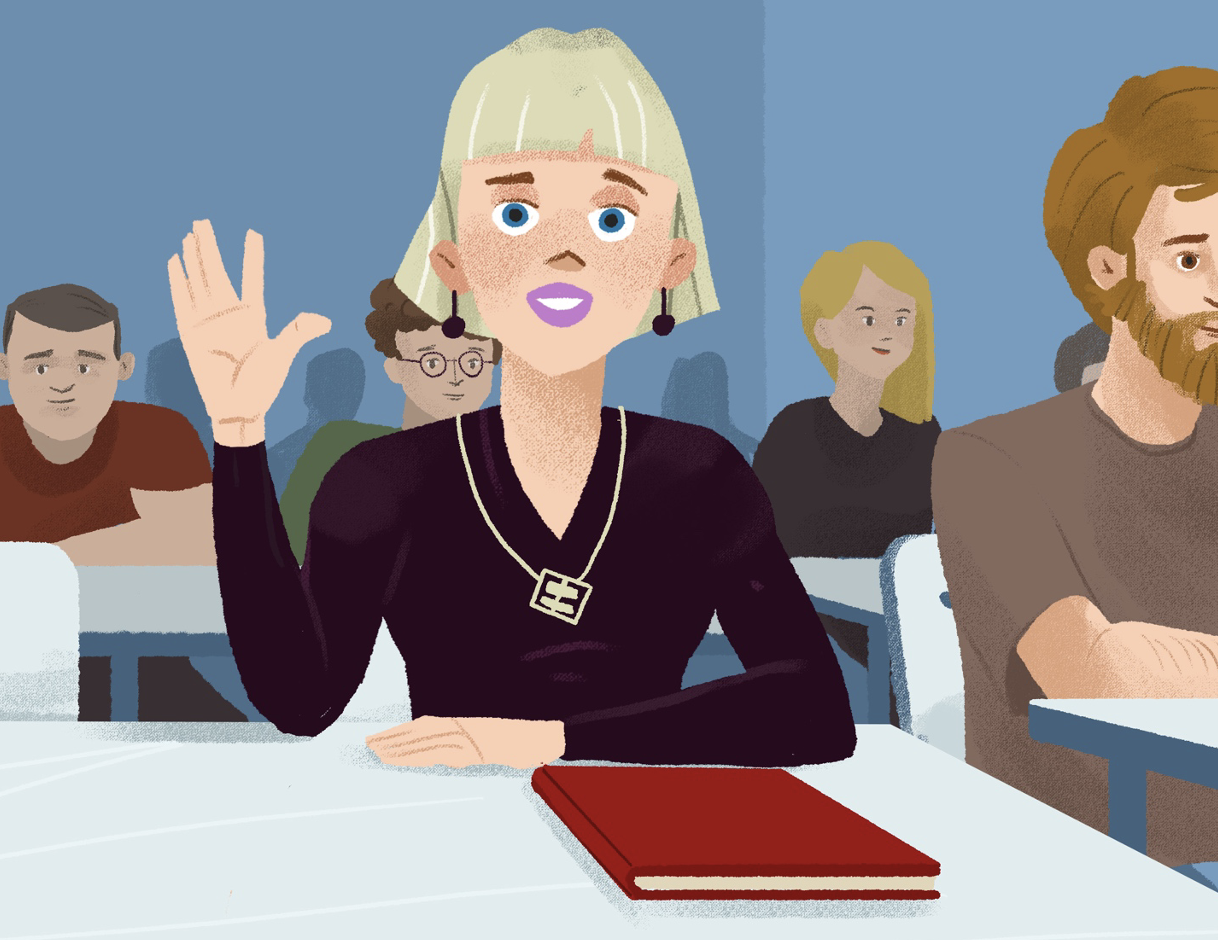 A cartoon of a student sitting at her desk a closed book in front of her, surrounded by other students. She is raising her hand to answer a question.