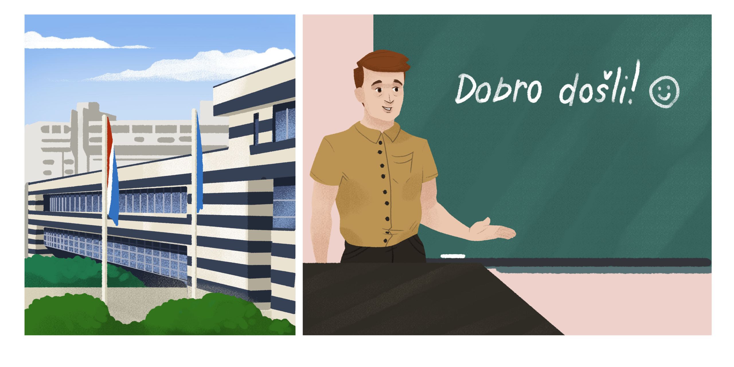 Two cartoon frames: On the left a public building with flags and trees in front, on the right a teacher in front of a green blackboard in a classroom explaining something to the students in front of him.