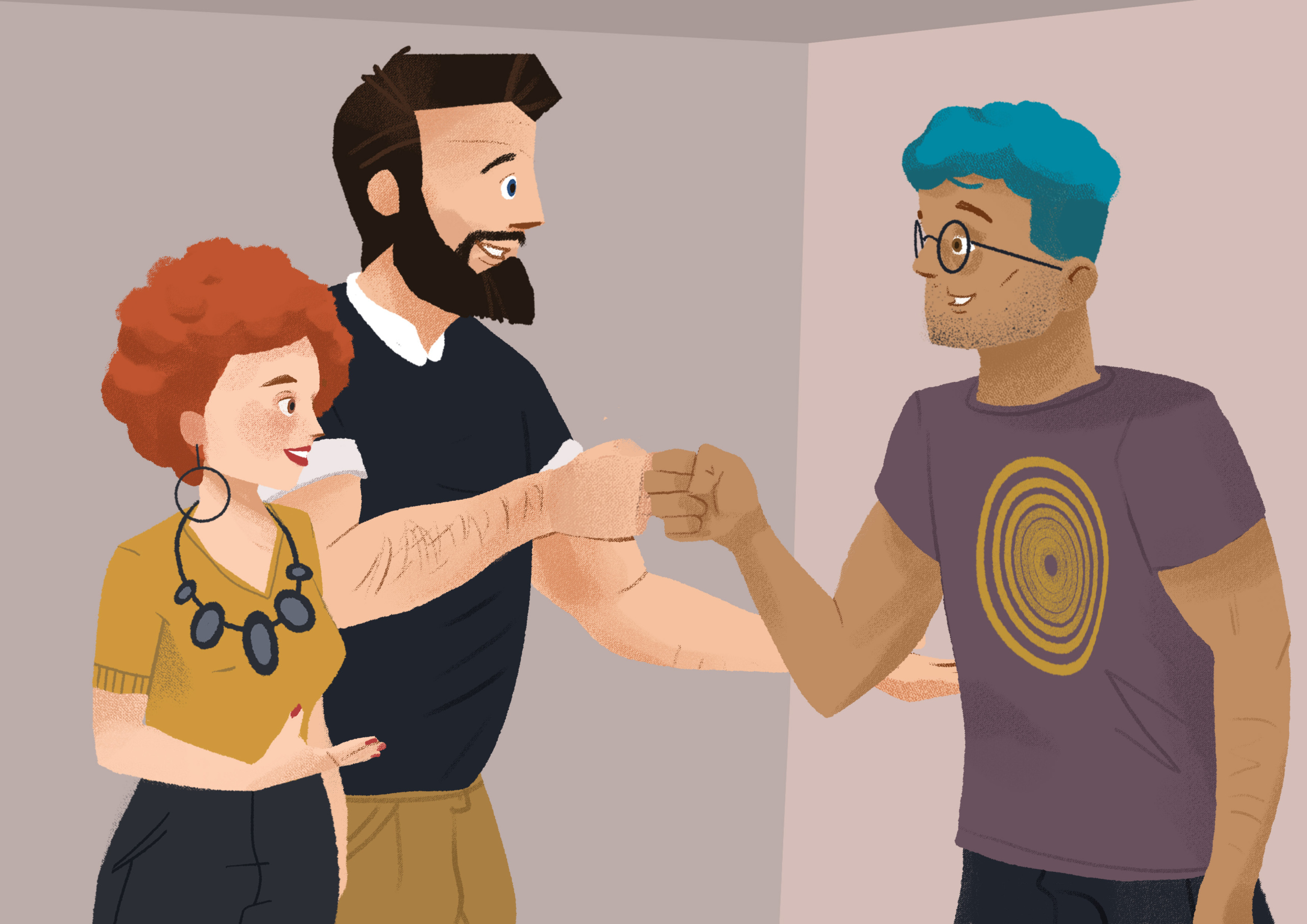 Two male students are fist bumping in a corner, while a female student in stands in front of them gesturing towards the greeting.