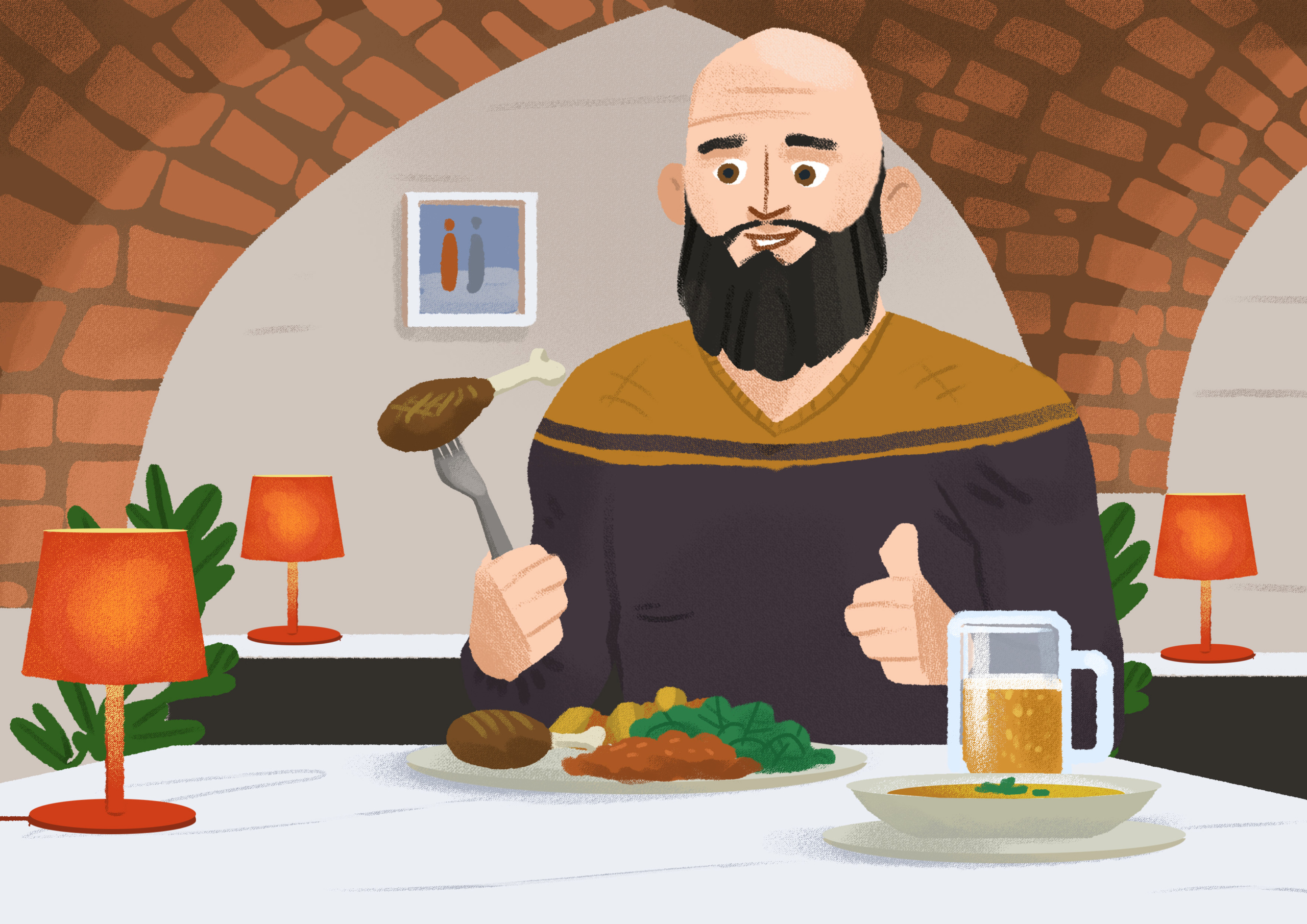 A man sitting in a restaurant holding up .