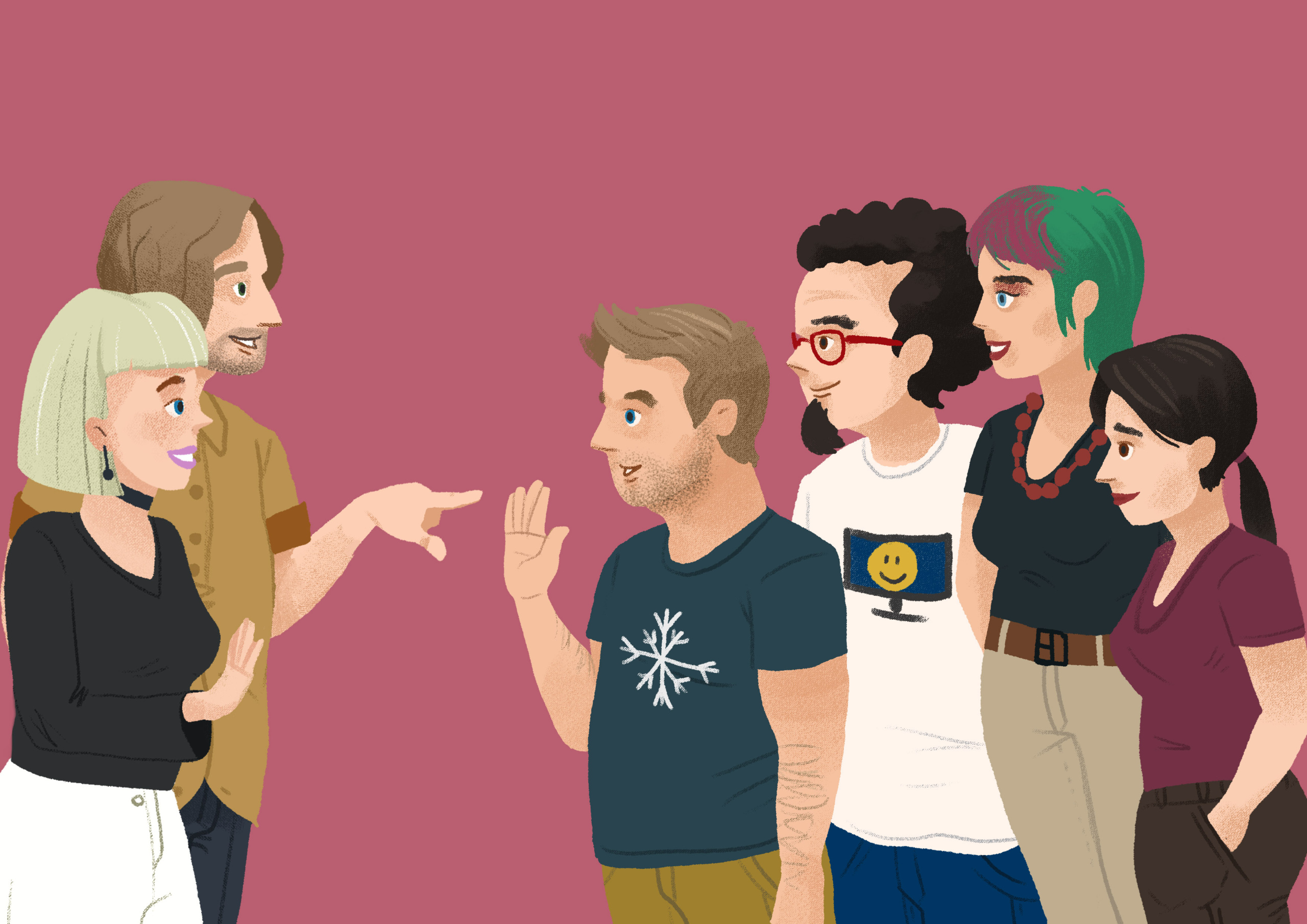 Young Croatian woman in green poka-dot shirt and striped skirt waving at a young Croatian man in red shirt in front of a teal background