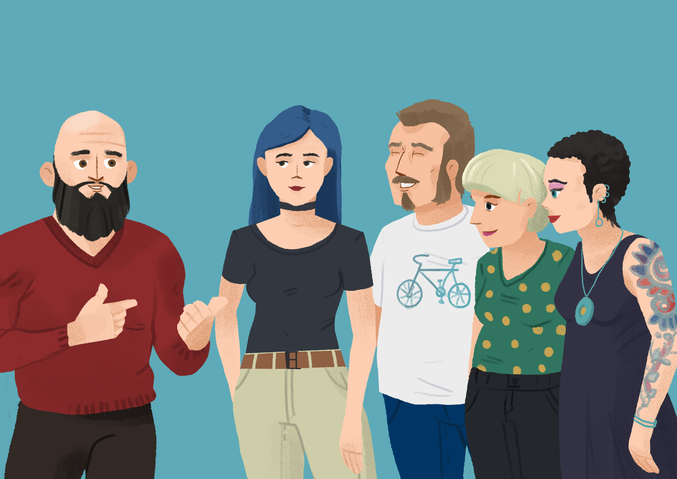 Young Croatian woman in green poka-dot shirt and striped skirt waving at a young Croatian man in red shirt in front of a teal background