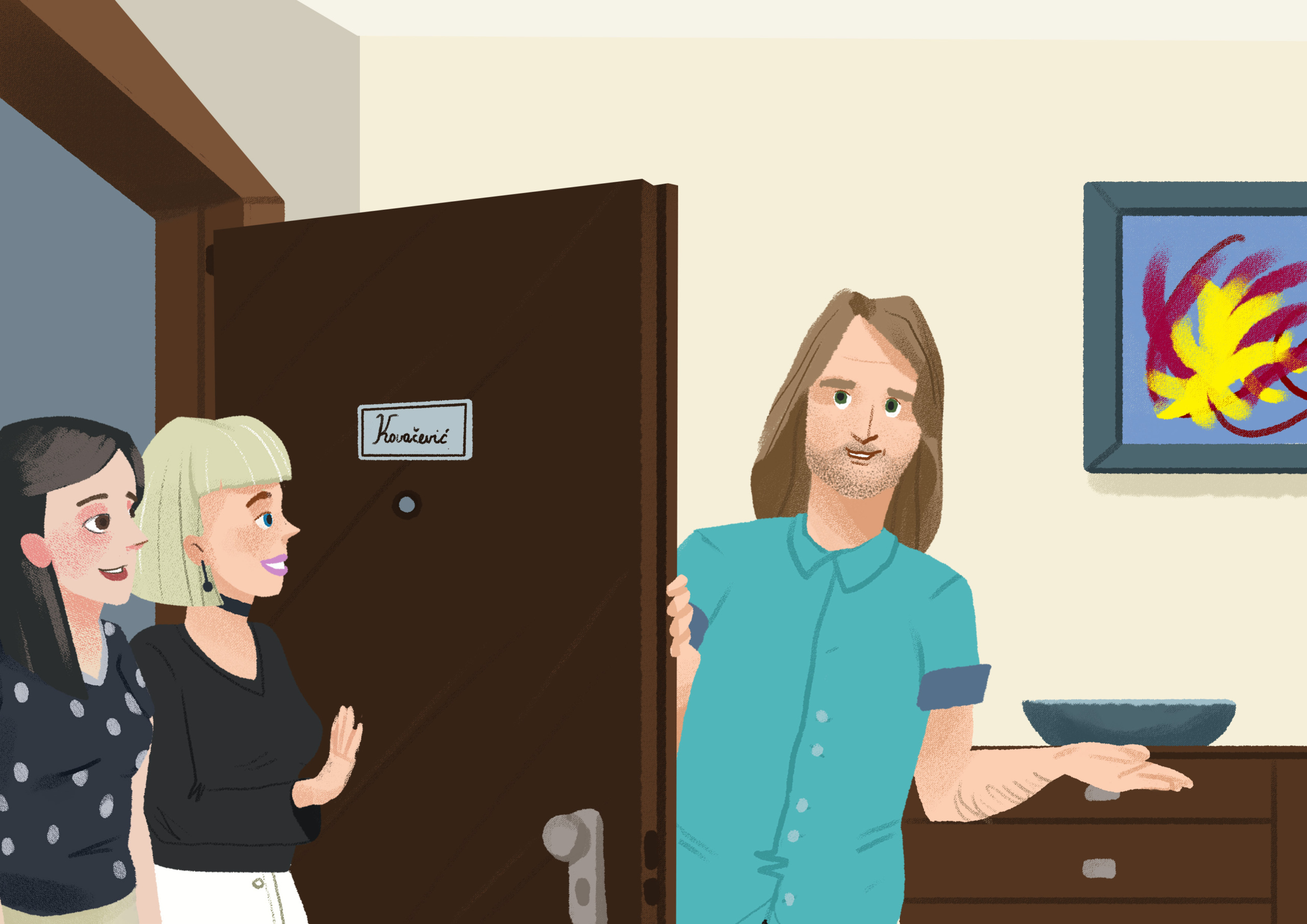 Young Croatian woman in green poka-dot shirt and striped skirt waving at a young Croatian man in red shirt in front of a teal background