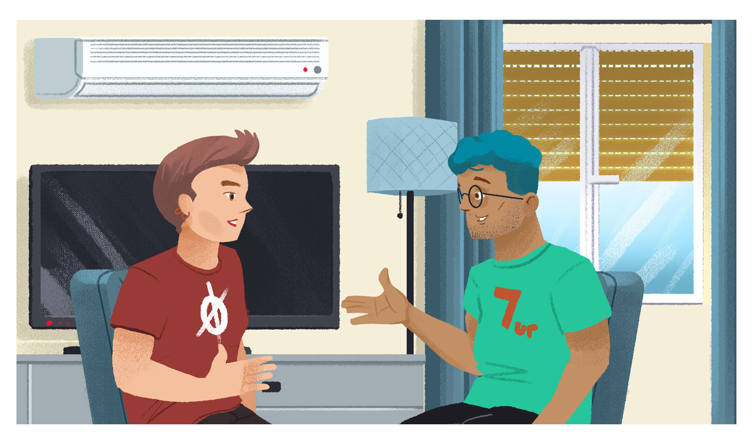 Young Croatian woman in green poka-dot shirt and striped skirt waving at a young Croatian man in red shirt in front of a teal background