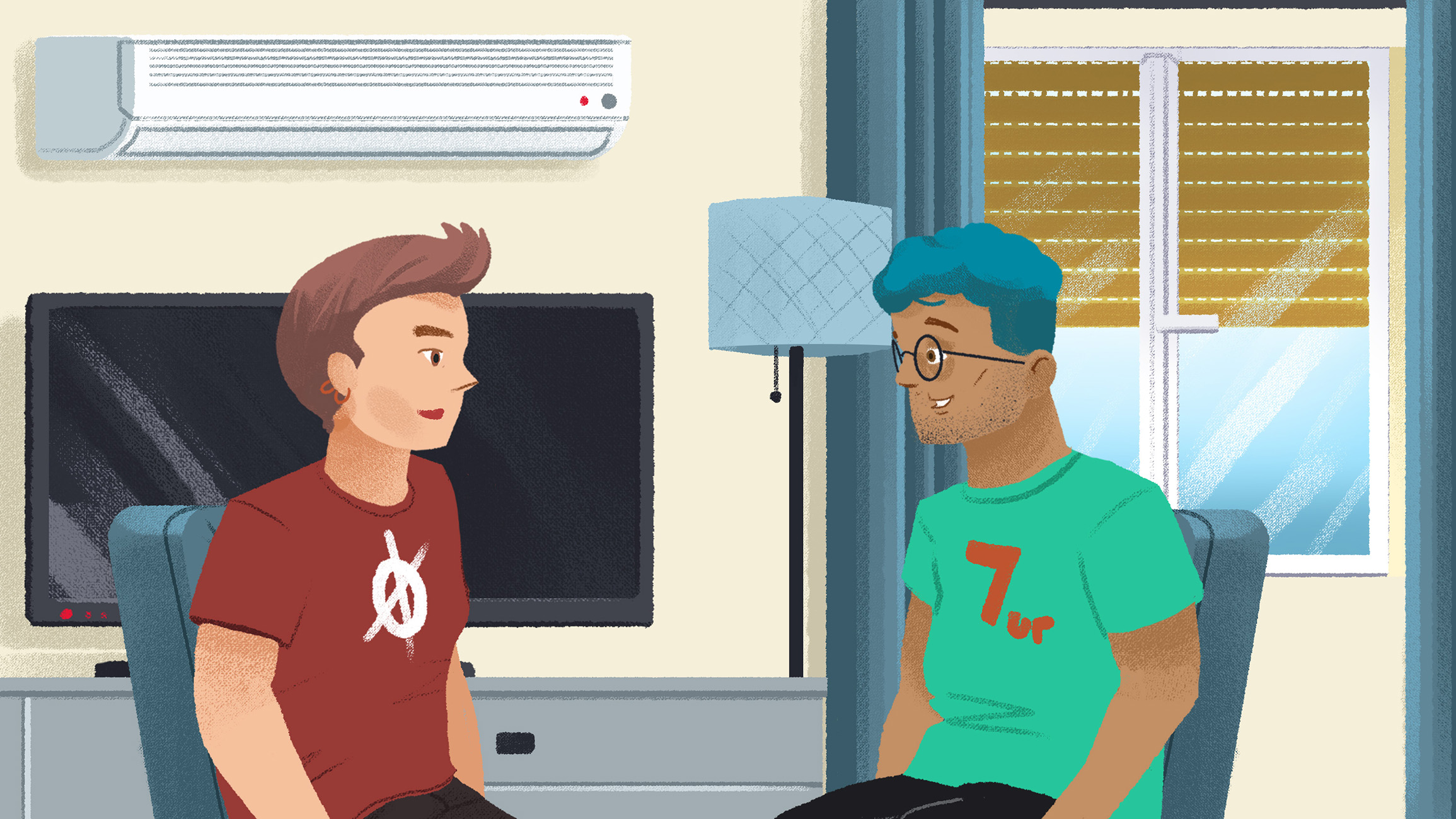 A group of students talking outside in front of some buildings.