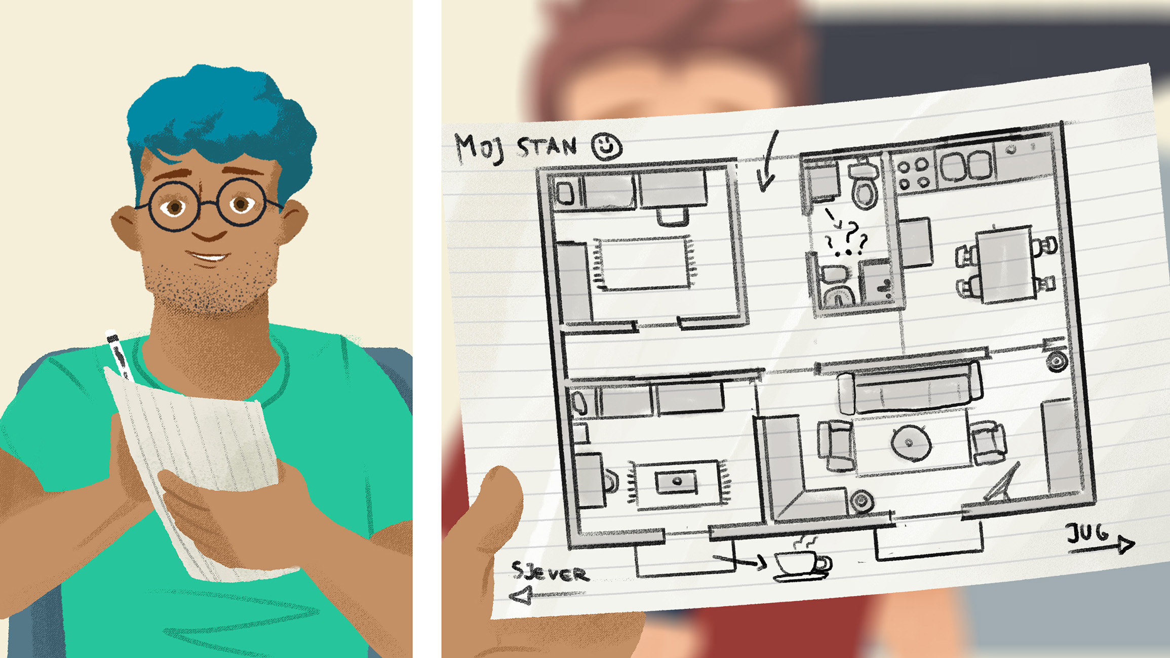 A group of students talking outside in front of some buildings.