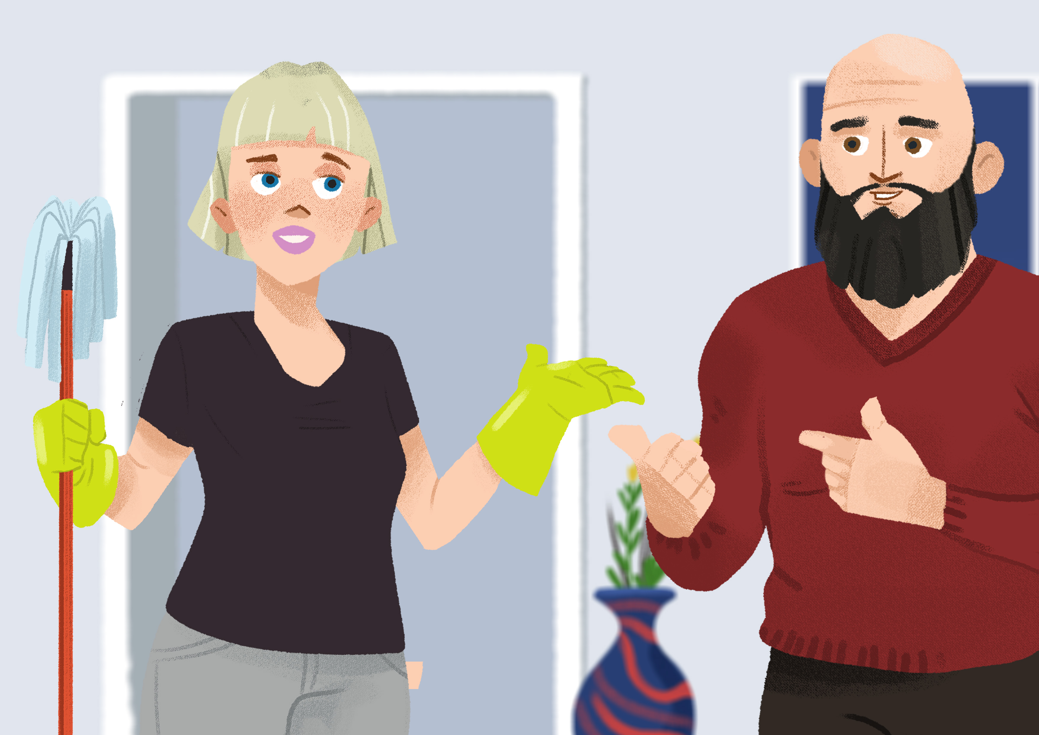 A group of students talking outside in front of some buildings.